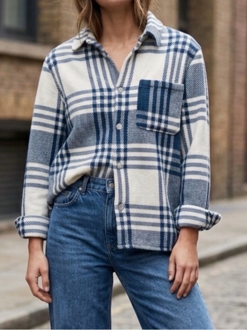 Zara Plaid Flannel Shacket Blue Cream Fall Fashion Preppy Outdoors Size Small